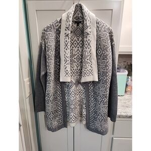 Talbots Cardigan LP Fair Isle‎ Gray Ivory Thick Knit Stretch Wool Cashmere Blend